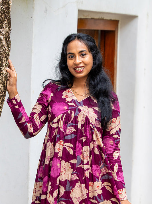 Back view of purple floral cotton kurti with full sleeves - Ariyaa