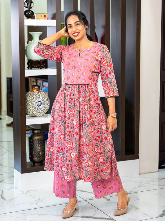 Full length pink kantha cotton kurti and palazzo co-ord set styled with heels - Ariyaa