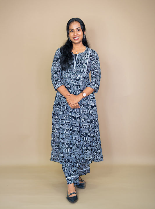 Full length black and white cotton kurti and palazzo co-ord set styled with flats - Ariyaa