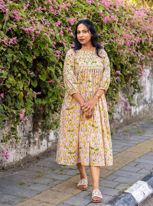 Smoked Lotus printed pleated kurti Aline kurti
