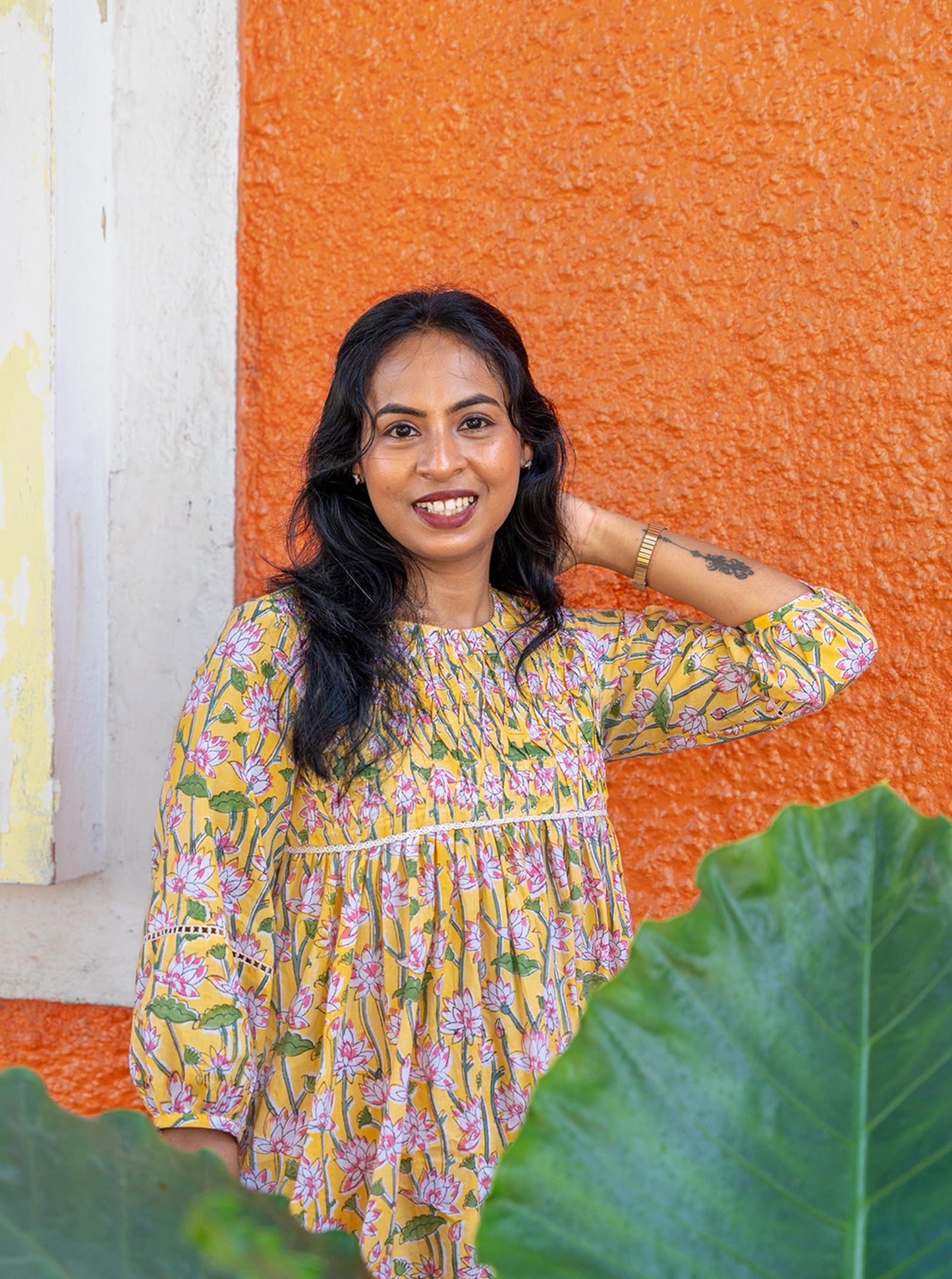 Smoked Lotus printed pleated kurti Aline kurti