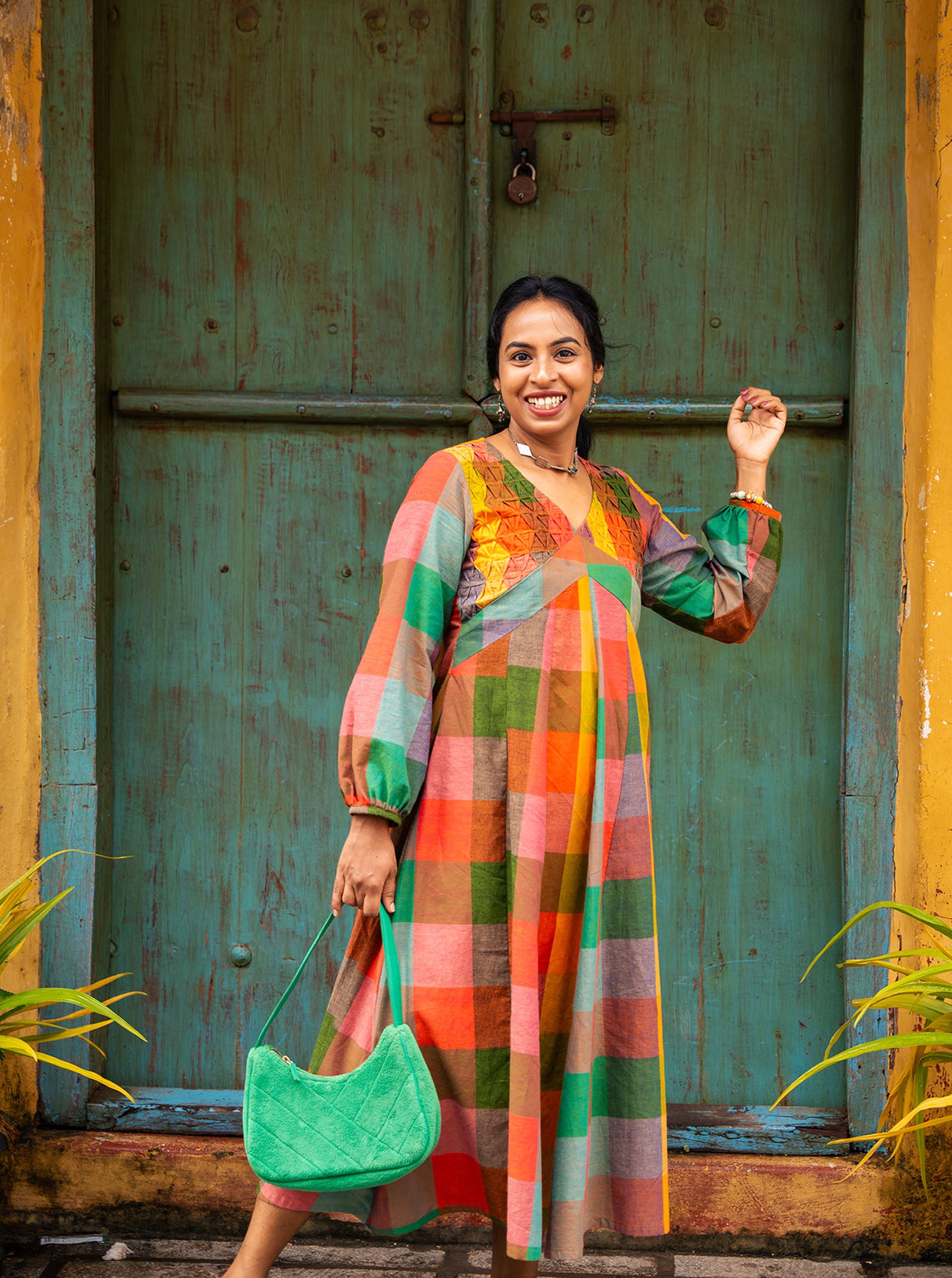 Multicolour handloom cotton kurti front panel cut and flare detail