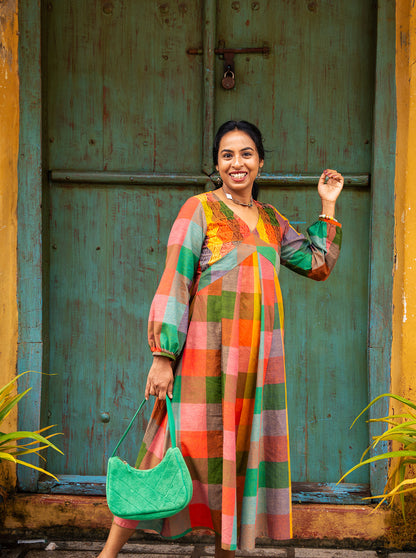 Multicolour handloom cotton kurti front panel cut and flare detail