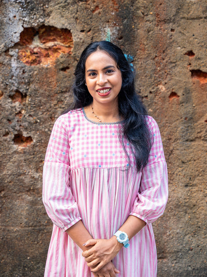 Pink and white pleated kurti available in sizes XS to 4XL - Ariyaa