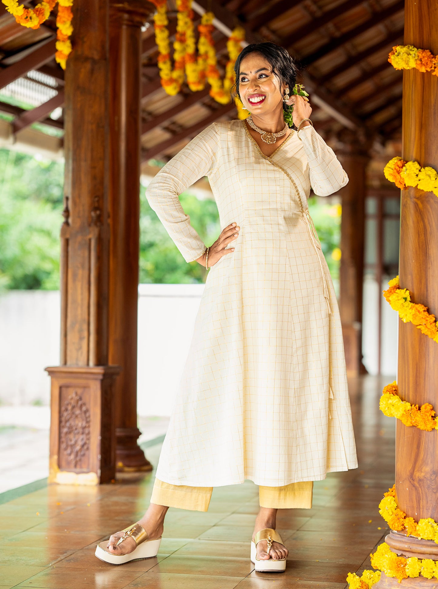 Madhavi - Cream Cotton Lurex Golden Check Kurti