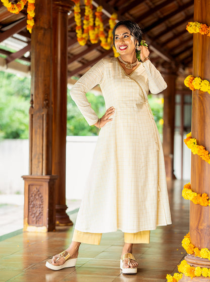 Madhavi - Cream Cotton Lurex Golden Check Kurti