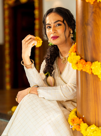 Madhavi - Cream Cotton Lurex Golden Check Kurti