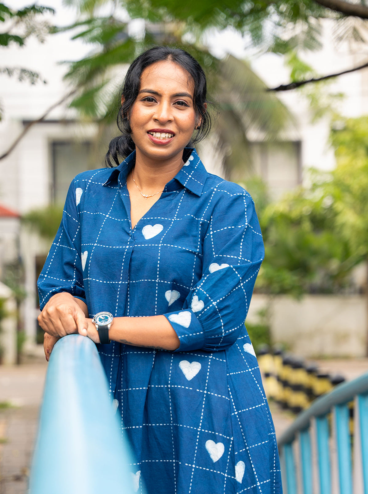 Full length Indilove indigo shirt dress styled with flat sandals, relaxed fit - Ariyaa