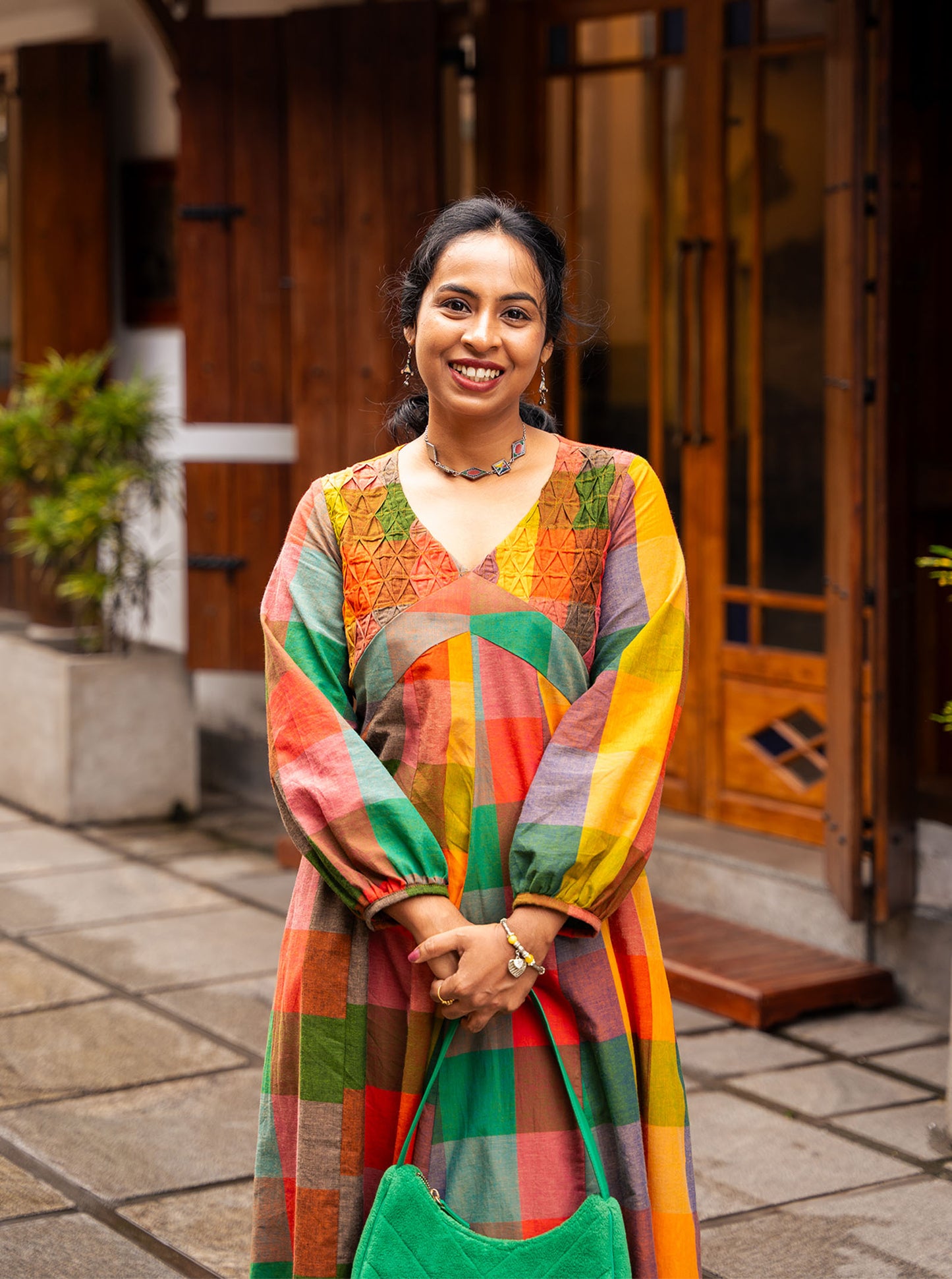 Smocked yoke detail on multicolour Madras checks cotton kurti