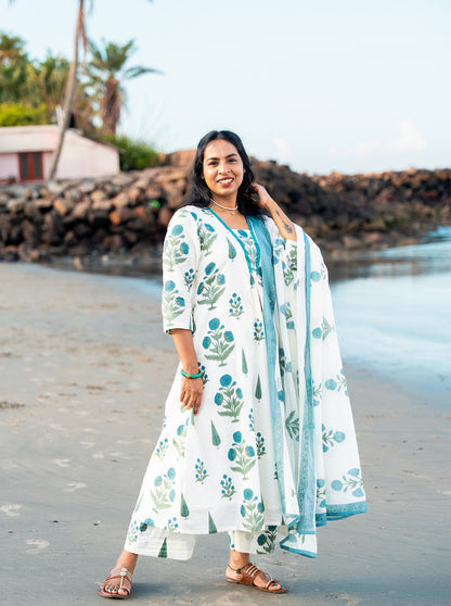 Cyan Cyan Floral Motif A-Line Co-Ord Set front view — Ariyaa