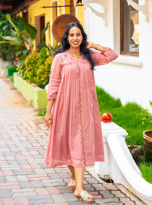 Pastel pink mul cotton embroidered A-line kurti front view — Ariyaa