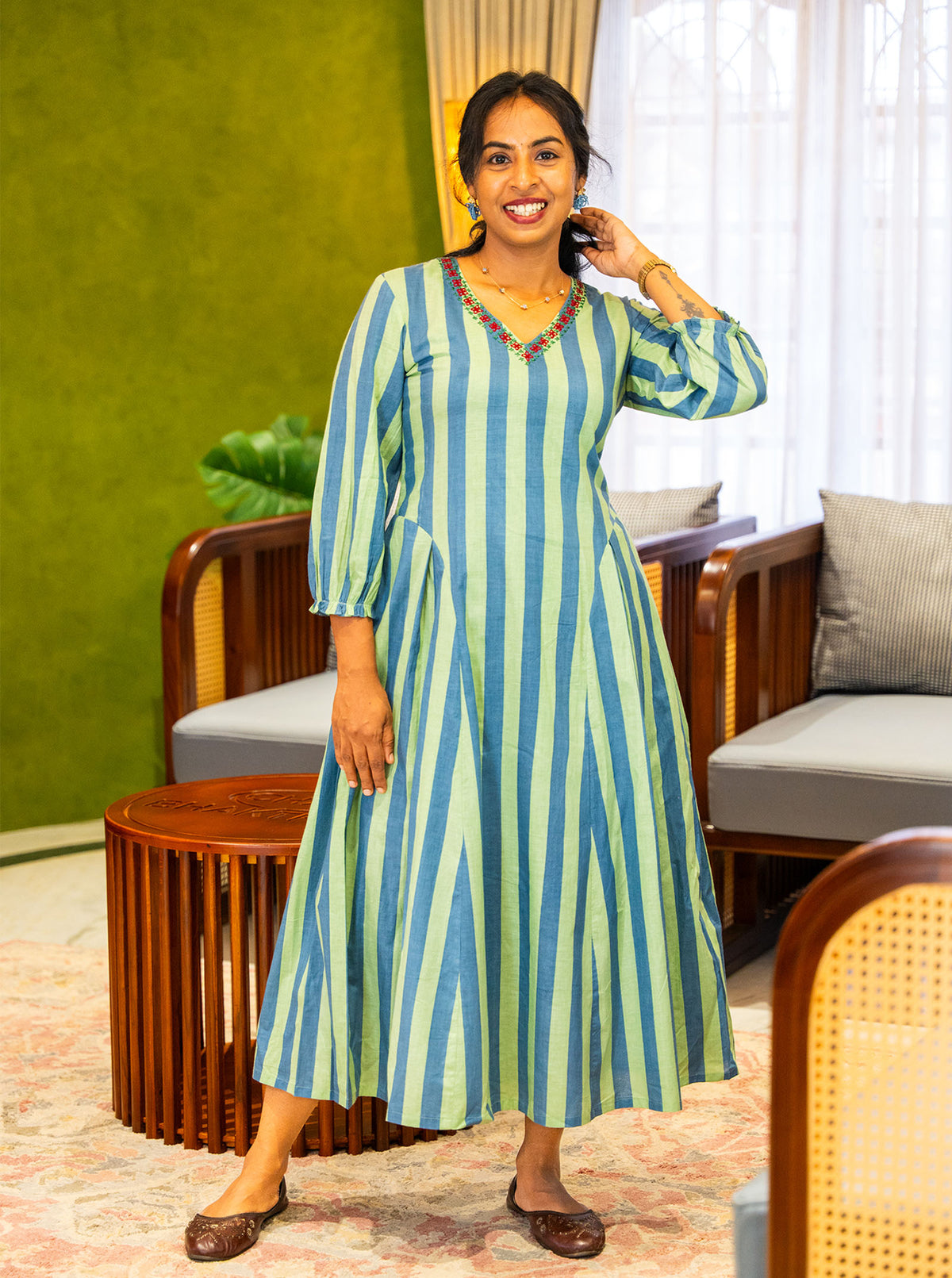 Blue and green striped cotton frock style dress with embroidered V neck - Ariyaa