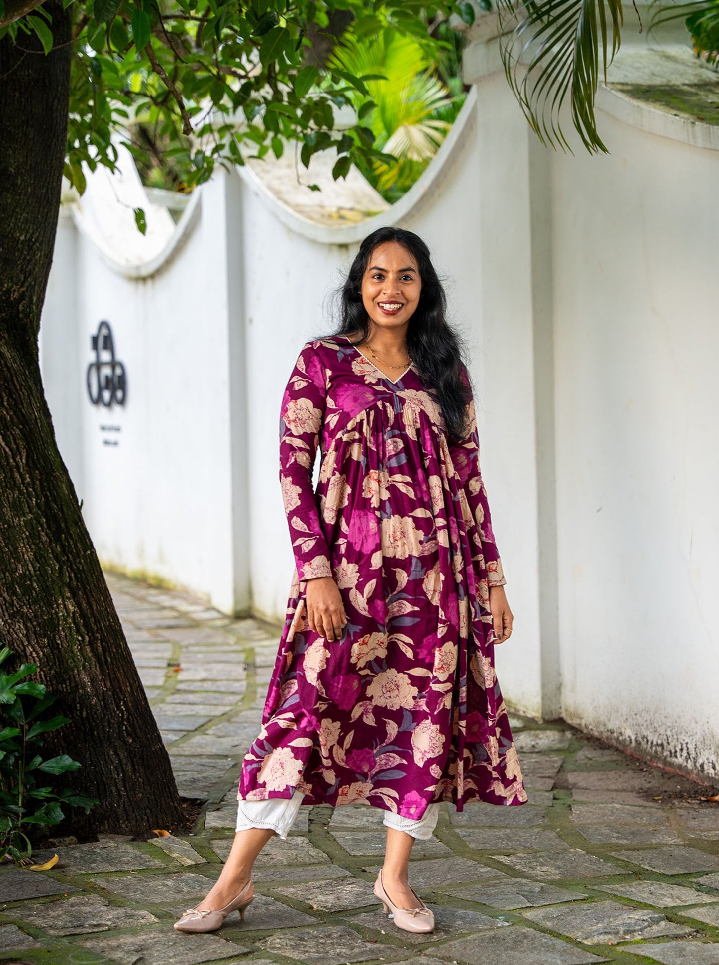 Purple floral cotton Alia cut kurti front view with V neck and lace detailing - Ariyaa