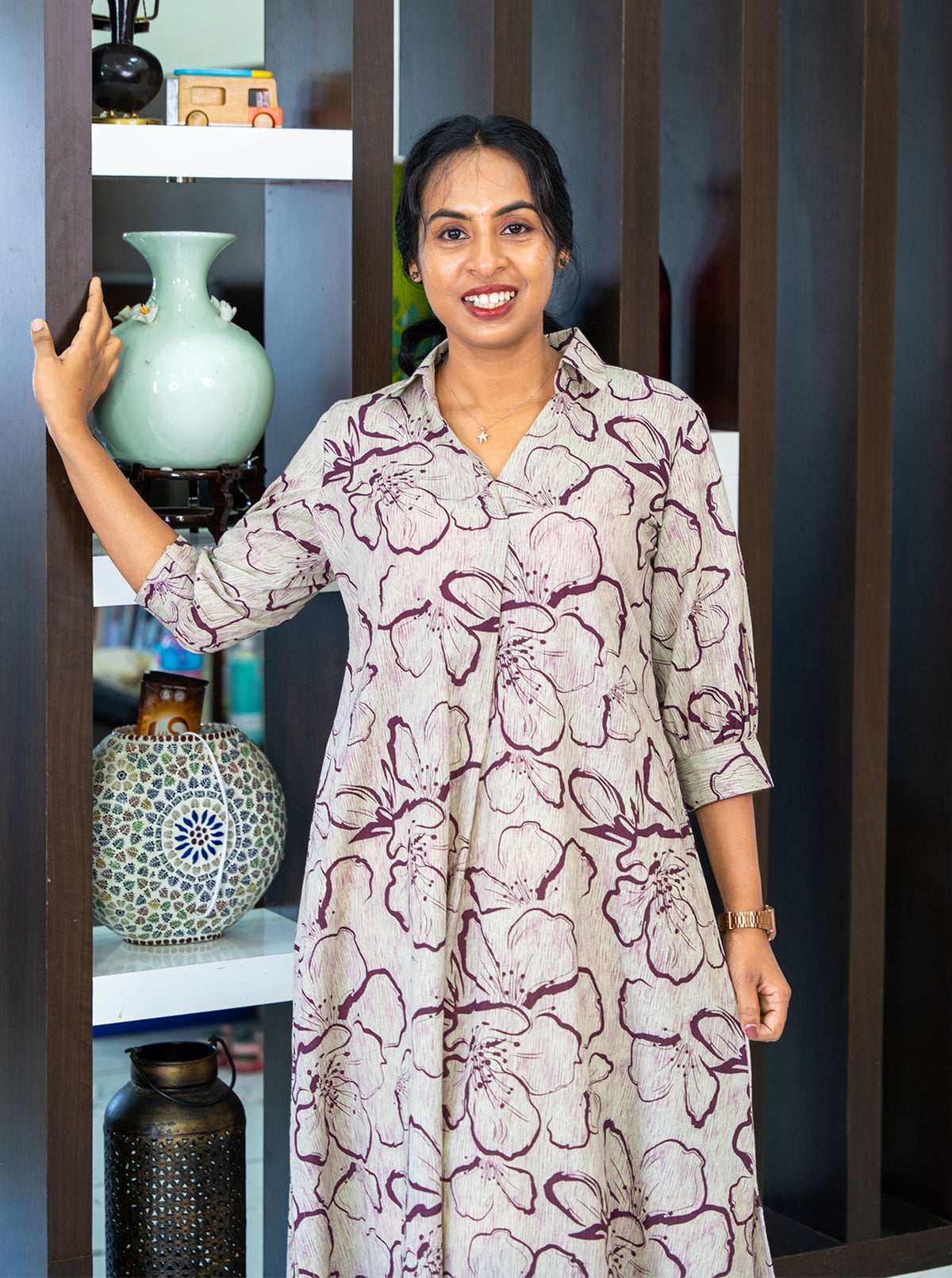 Wine floral print cotton shirt dress with collar neck, front close-up - Ariyaa