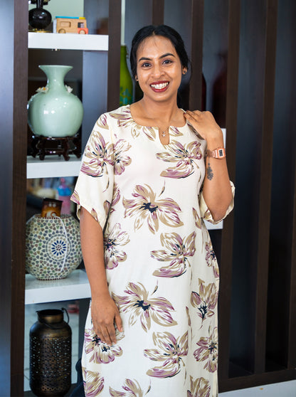 Cream rayon kurti with wine abstract floral print, front view - Ariyaa