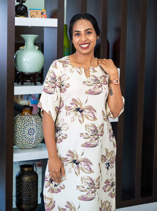 Cream rayon kurti with wine abstract floral print, front view - Ariyaa