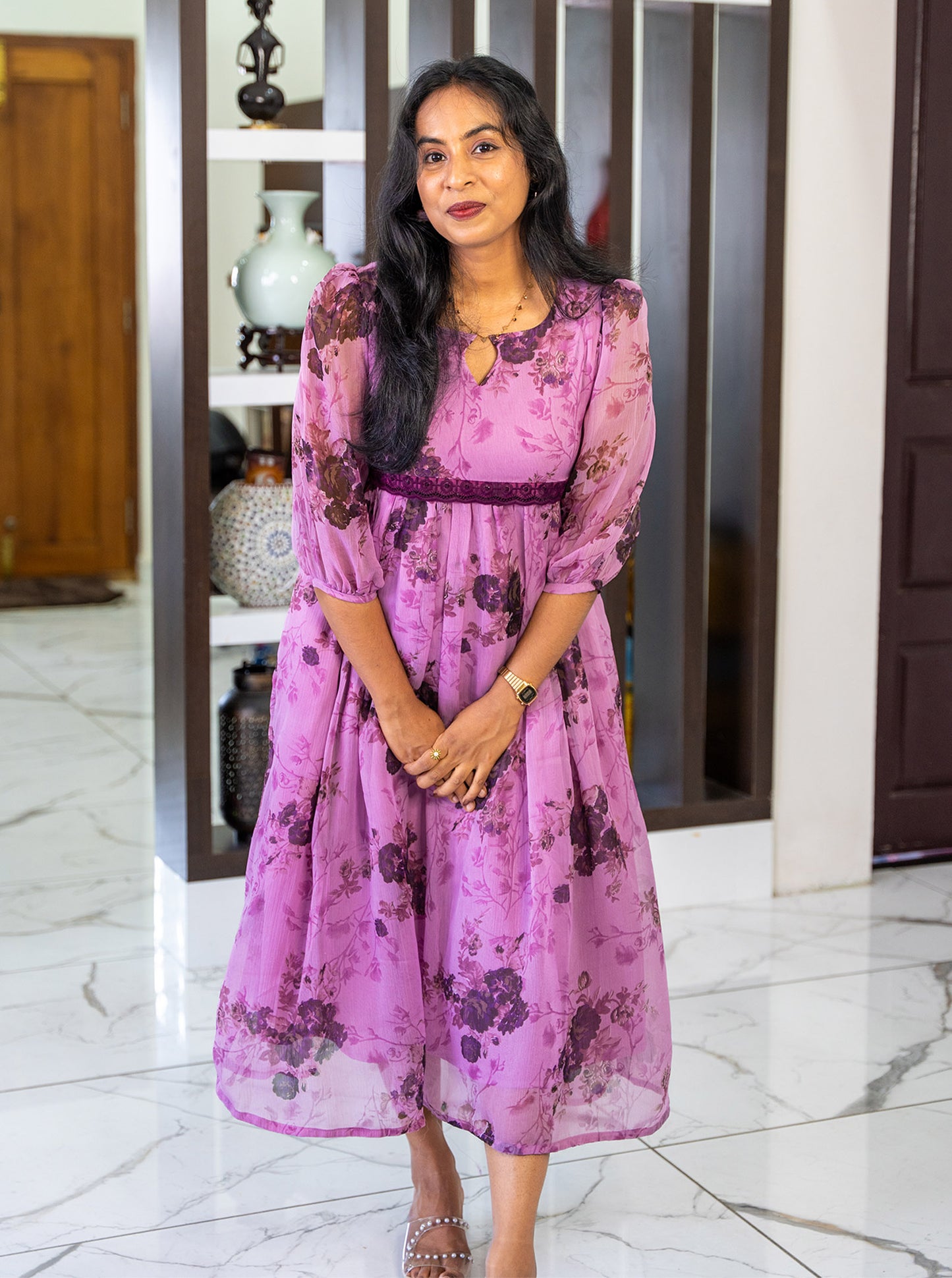 Front view of Lilara purple floral chiffon A-line kurti with lace yoke detailing - Ariyaa