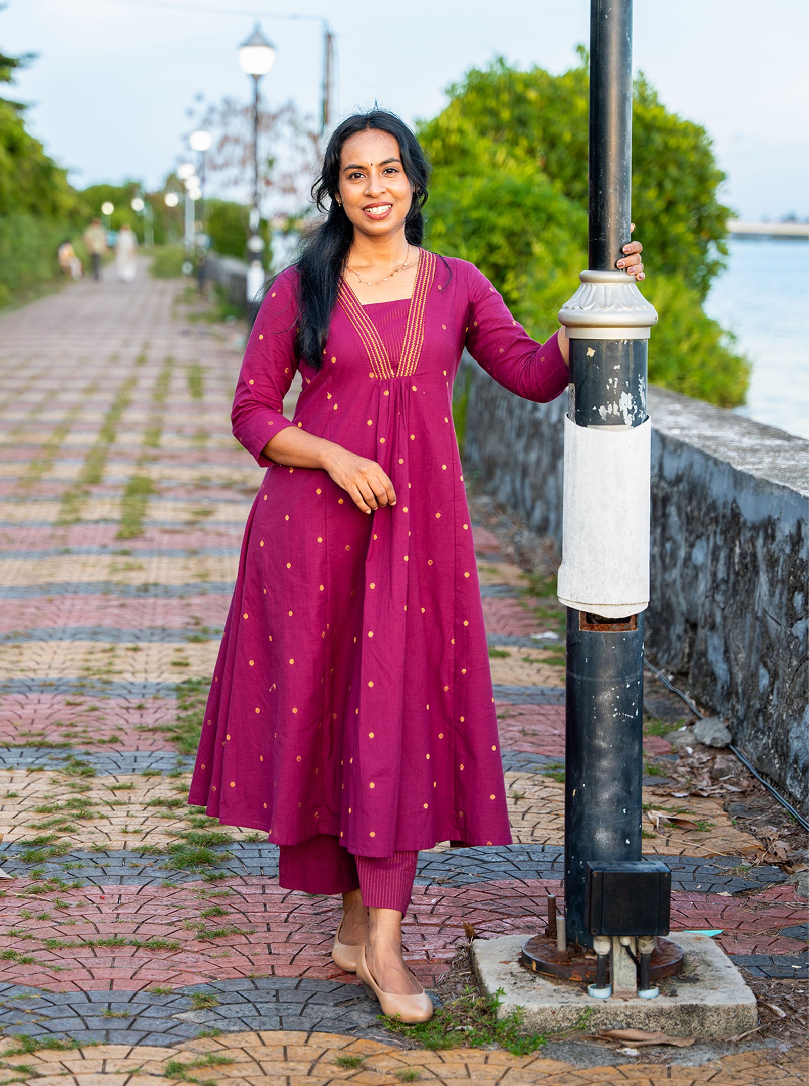 mulberry Purple Handloom  Front Panel Cut Kurtha Co-Ord Set front view — Ariyaa