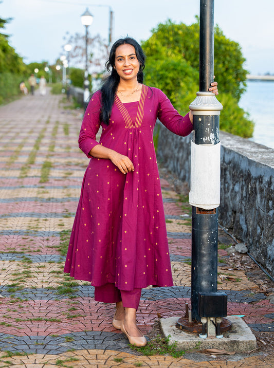 mulberry Purple Handloom  Front Panel Cut Kurtha Co-Ord Set front view — Ariyaa
