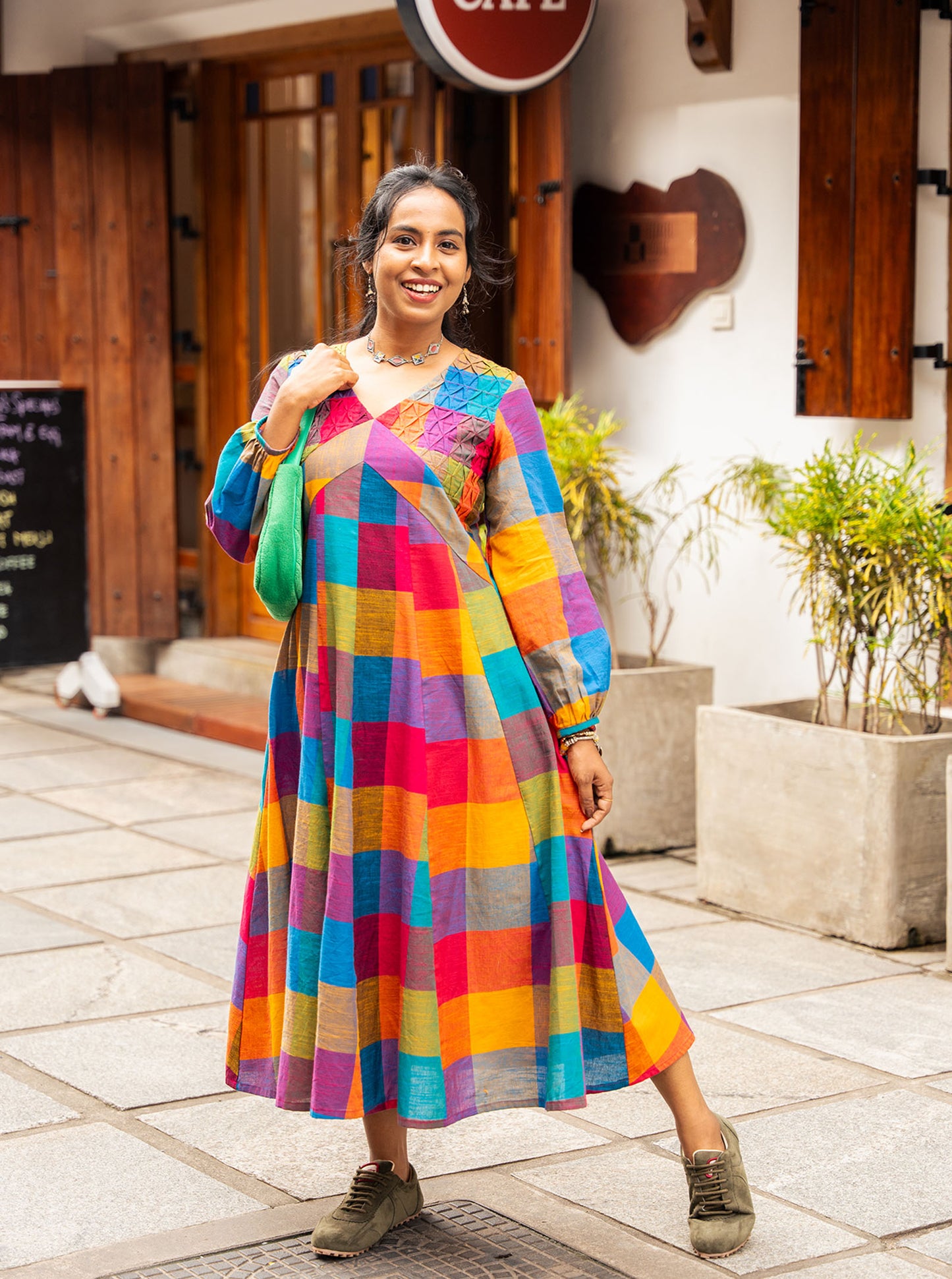 Madras Kattam multicolour checks handloom cotton kurti with smocked yoke - Ariyaa