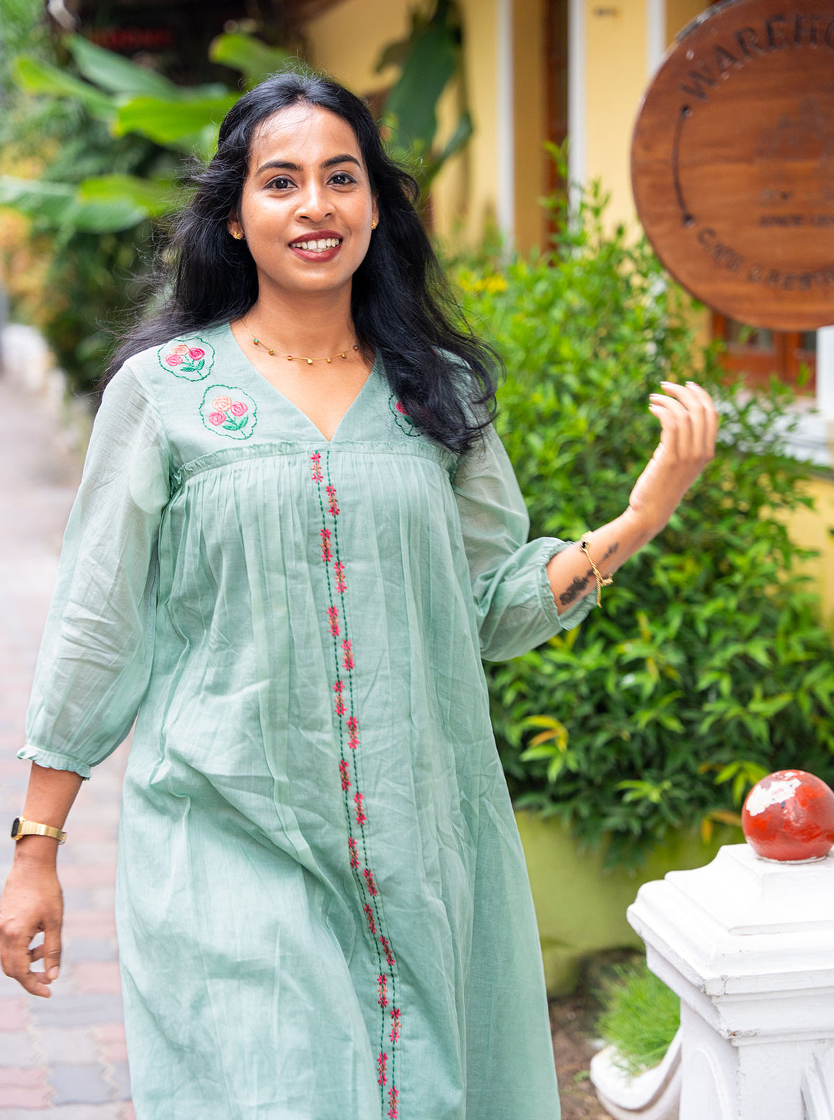 lora - Pastel Green Floral Embroidered Mul Cotton A-Line Kurti