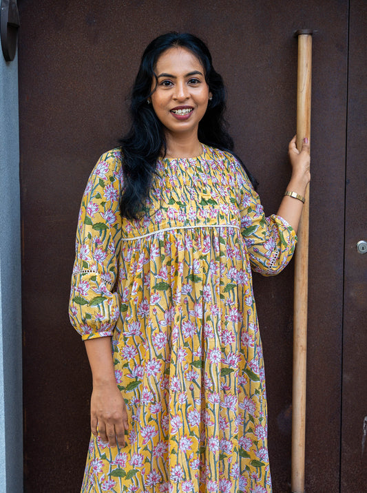 Smoked Lotus printed pleated kurti  Aline kurti