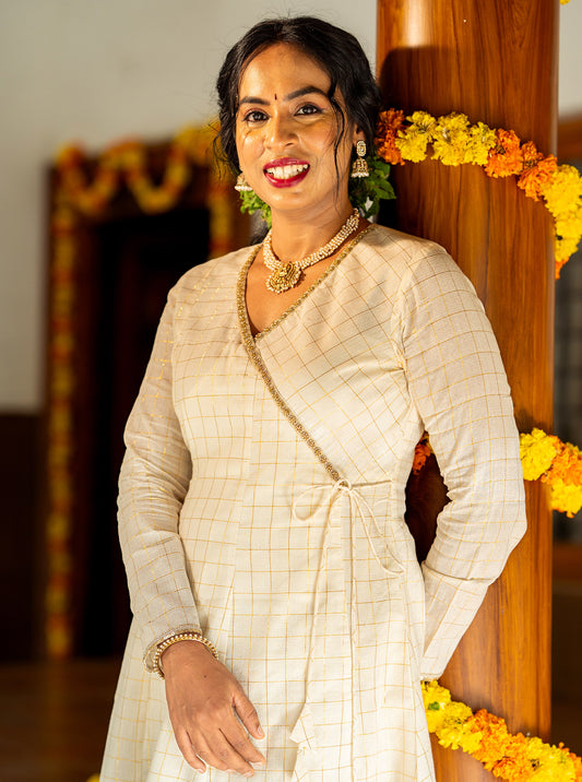 Madhavi cream cotton lurex wrap kurti with golden checks, front view - Ariyaa