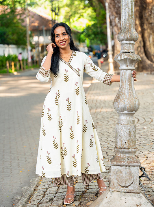 Cream Flower Motif 3 Panel Aline Co-Ord Set front view — Ariyaa