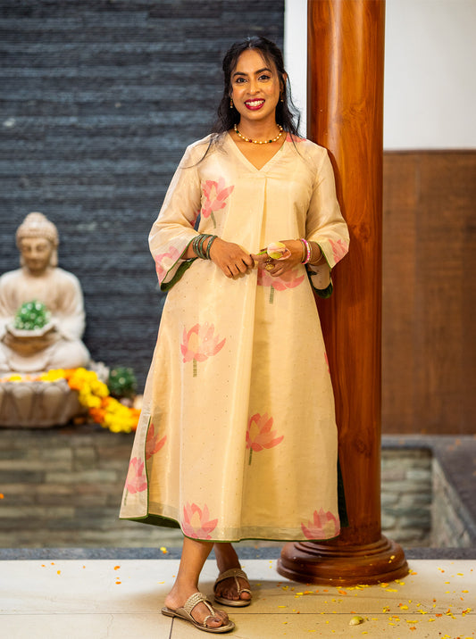 Mathangi peach gold silk kurti with pink lotus print, front view - Ariyaa