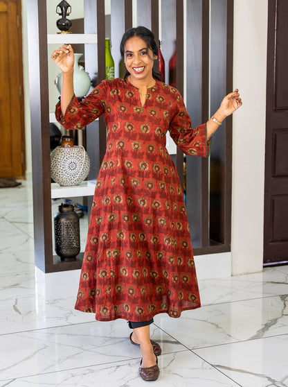 Front view of Clay Rose dark terracotta floral cotton A-line kurti with collar neck - Ariyaa