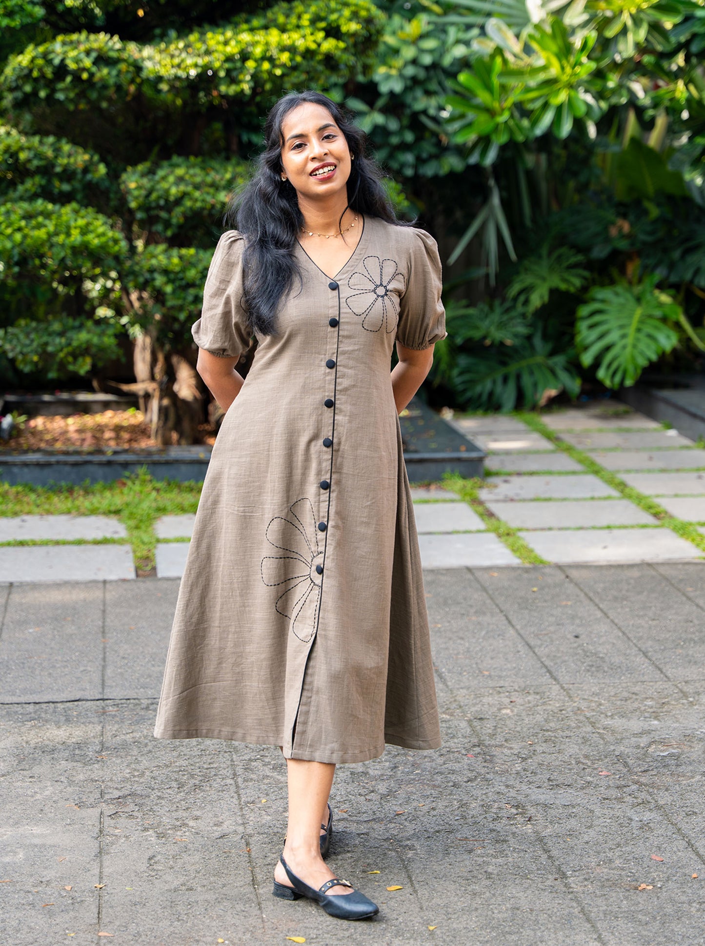 Grey floral embroidery A-Line Kurti front view — Ariyaa