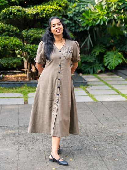 Grey floral embroidery A-Line Kurti front view — Ariyaa