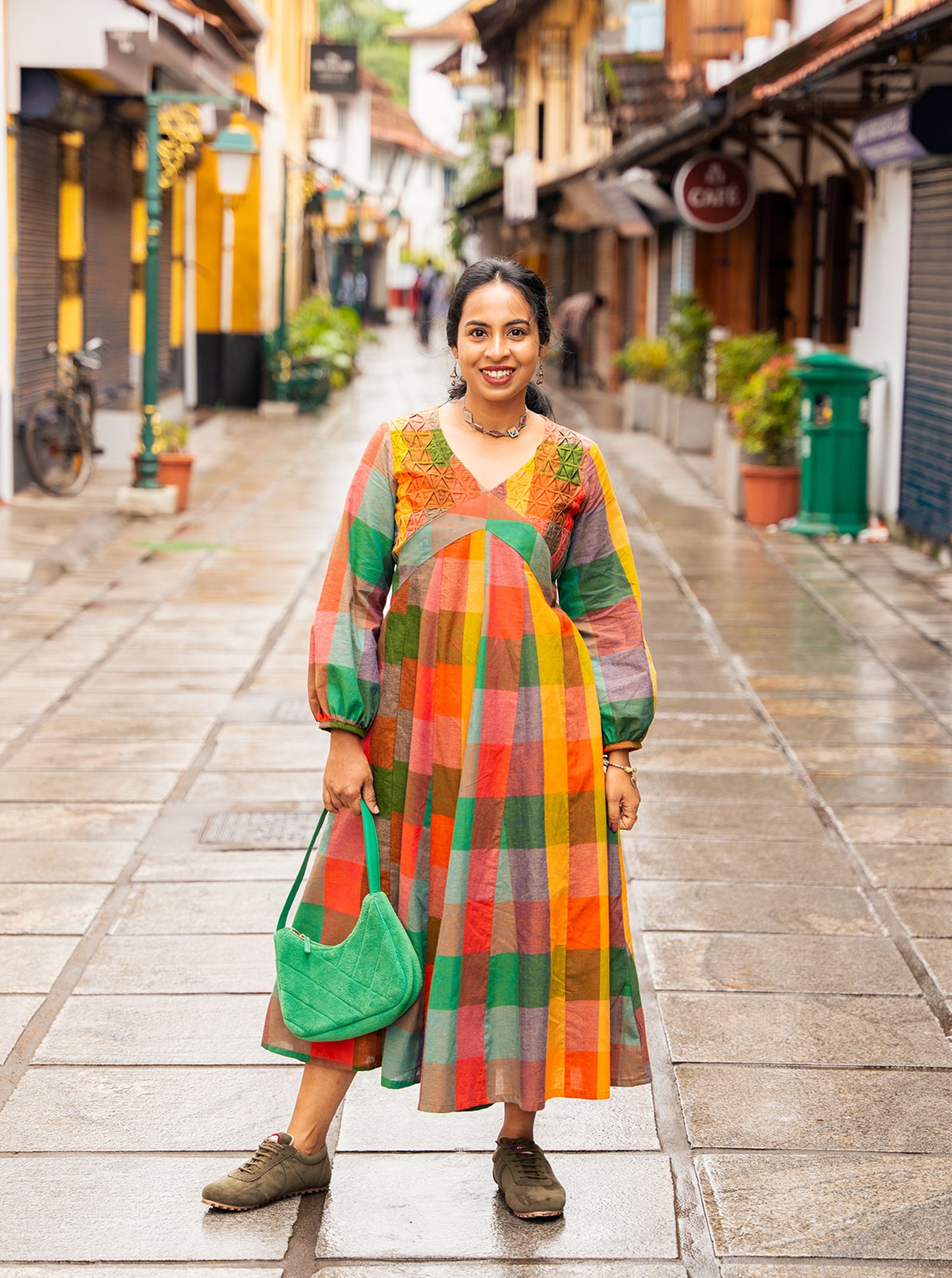Madras Kattam multicolour checked handloom cotton A-line kurti front view