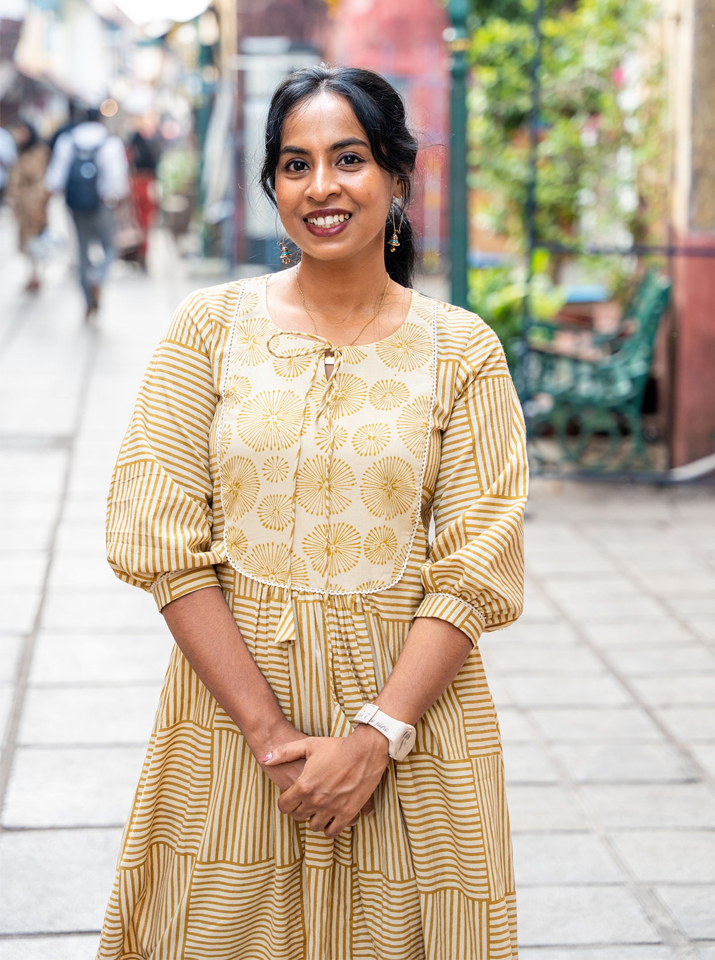 Sandal shade block print A-line kurti front view — Ariyaa