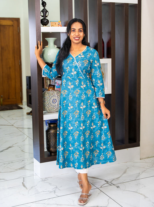Full length 47 inch blue A-line kurti styled with white palazzo pants - Ariyaa