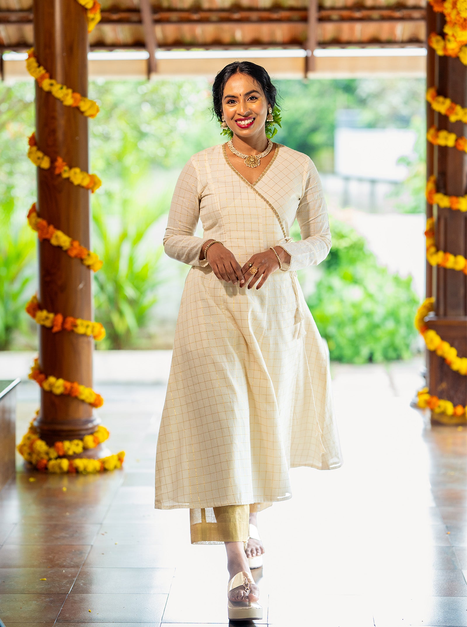 Full length 47 inch cream wrap kurti with full sleeves - Ariyaa