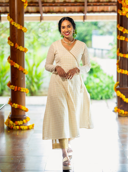 Full length 47 inch cream wrap kurti with full sleeves - Ariyaa