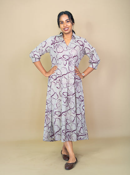 Relaxed fit cotton shirt style dress in wine abstract floral print, front view - Ariyaa