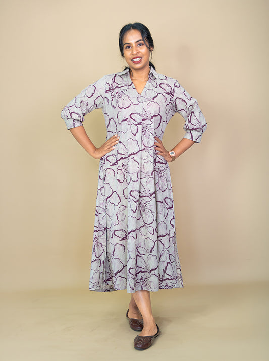 Relaxed fit cotton shirt style dress in wine abstract floral print, front view - Ariyaa