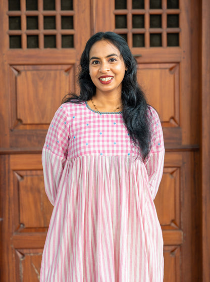Handloom cotton fabric close-up with checks and stripes weave detail - Ariyaa