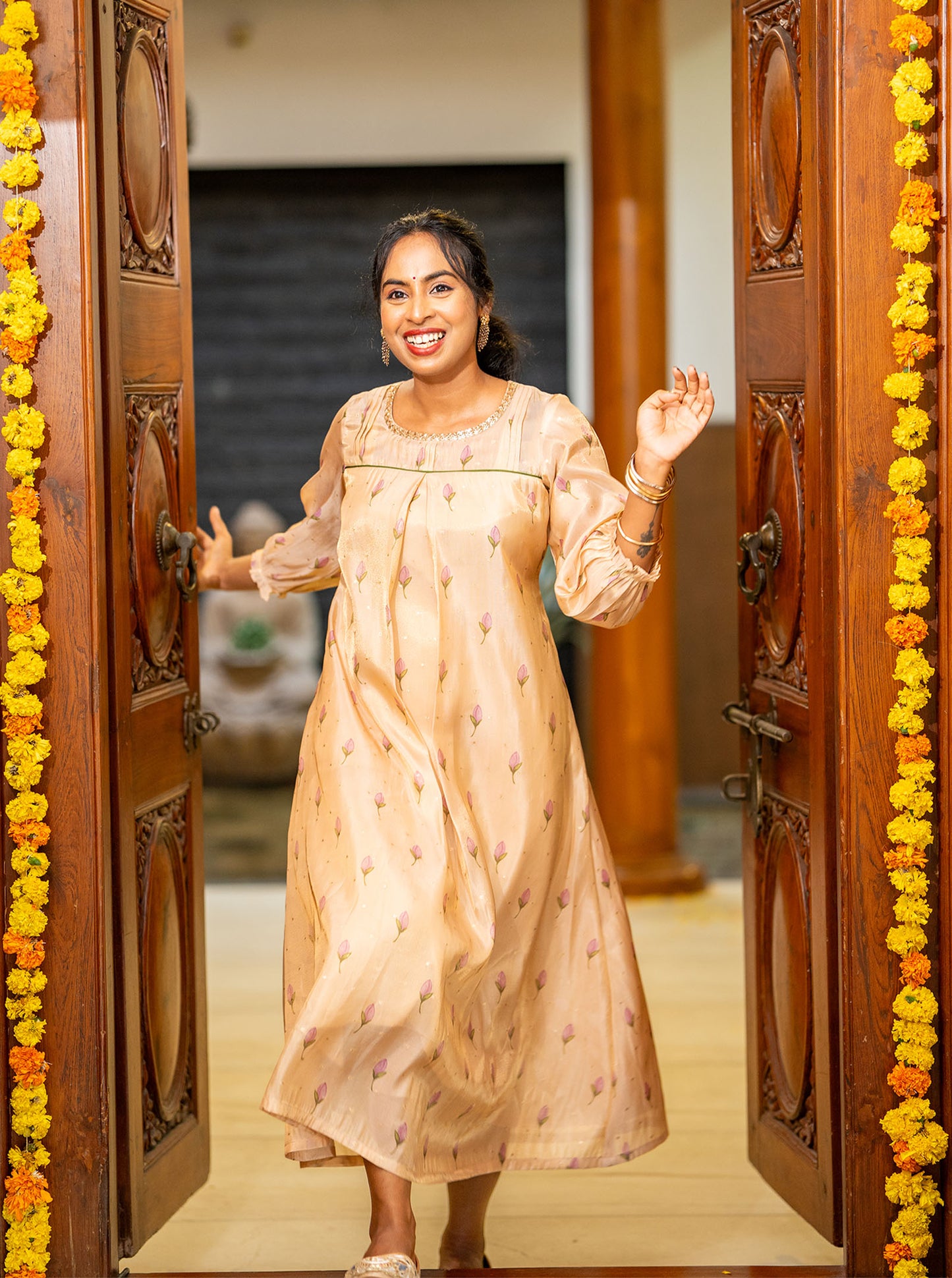 Full length 47 inch Mythili A-line festive kurti styled for Onam celebrations - Ariyaa