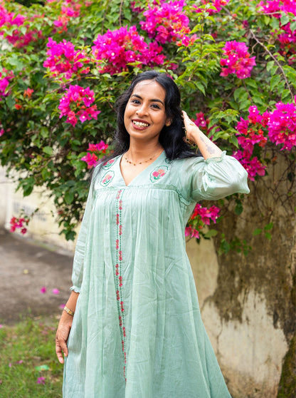 lora - Pastel Green Floral Embroidered Mul Cotton A-Line Kurti