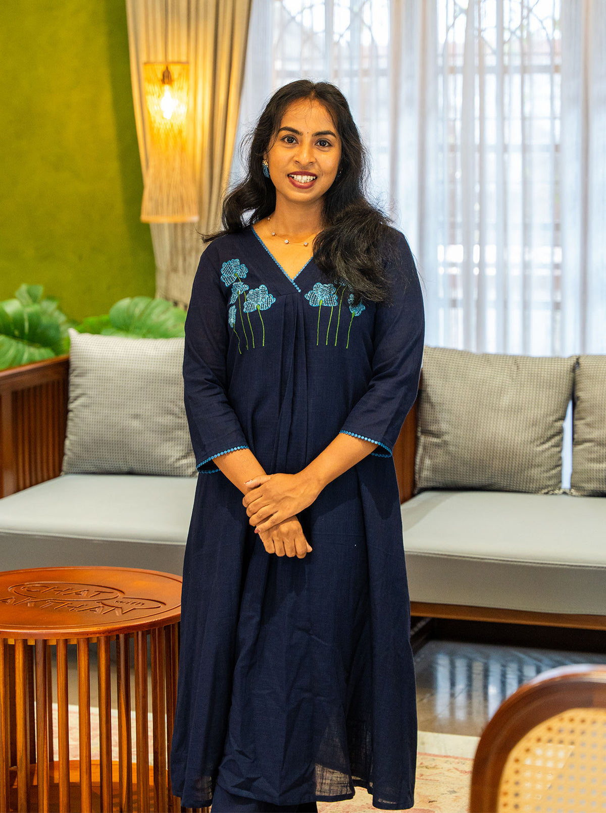 Full length navy kurti with turquoise floral embroidery and lace trim - Ariyaa
