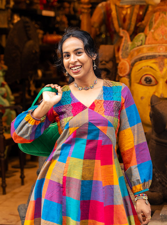 Close-up of smocked yoke detail on Madras Kattam handloom cotton kurti