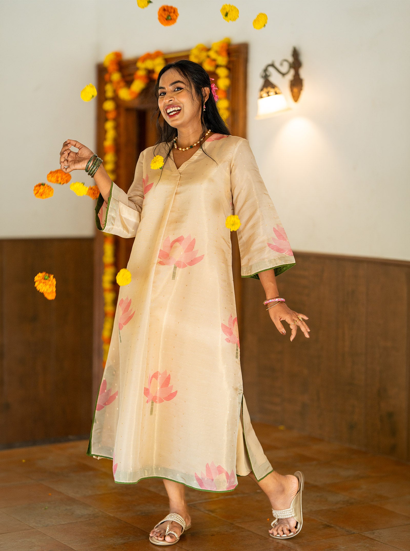 Full length 48 inch Mathangi festive kurti styled for Onam - Ariyaa
