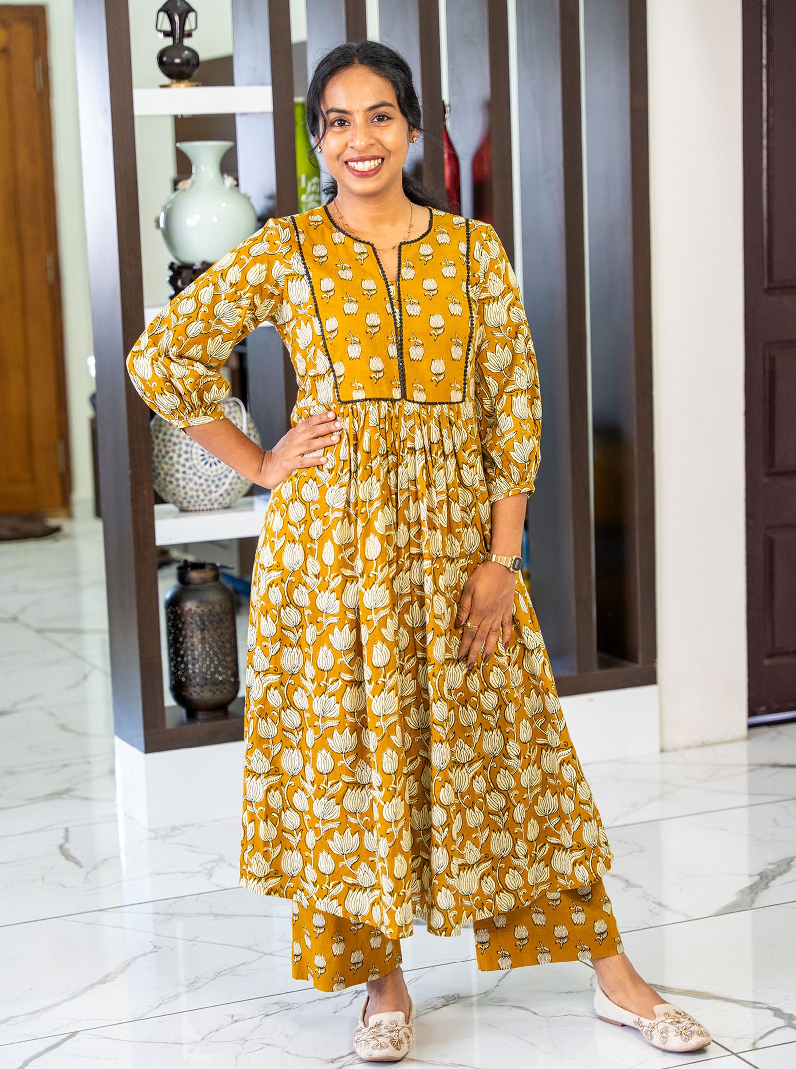 Full-length view of 46-inch A-line tanned yellow cotton co-ord set - Ariyaa
