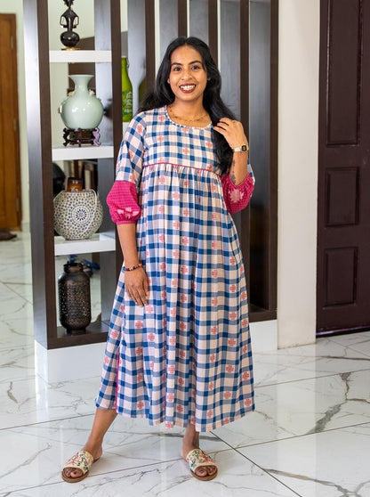Full-length view of 47-inch A-line cotton kurti with border slit - Ariyaa