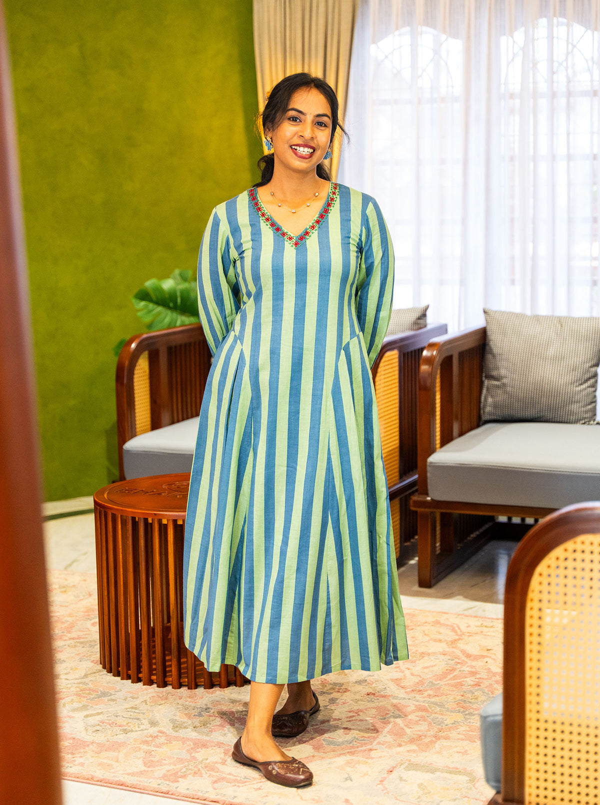 Full length 47 inch striped cotton dress styled with brown flats - Ariyaa