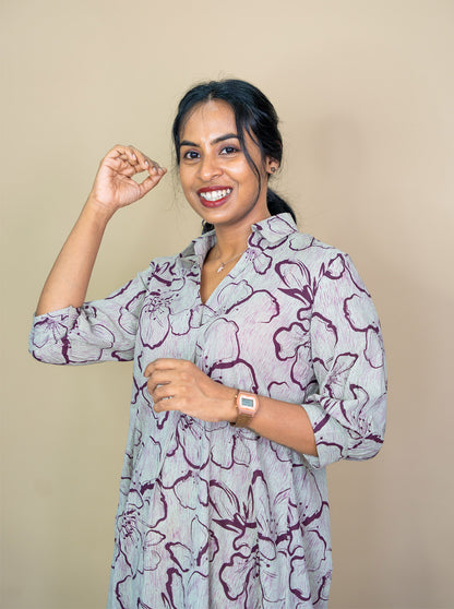 Full length 47 inch wine floral shirt dress styled with brown flats - Ariyaa