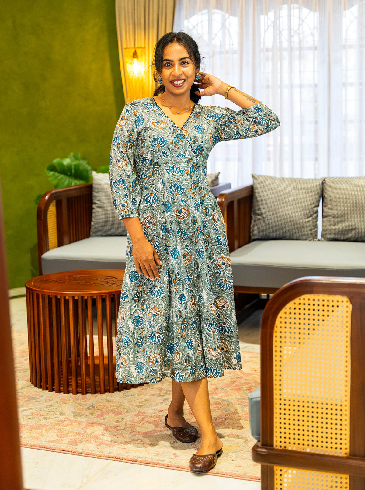 Full length 47 inch grey block print kurti styled with brown flats - Ariyaa